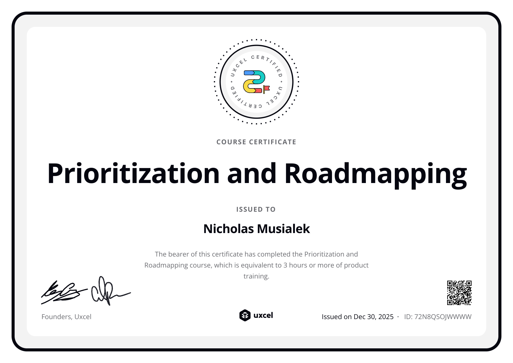 Nicholas Musialek's certificate